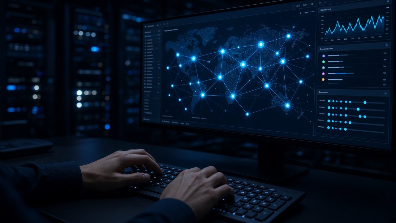 Investigator's hands on a backlit keyboard beside a monitor showing a wallet-network investigation dashboard.