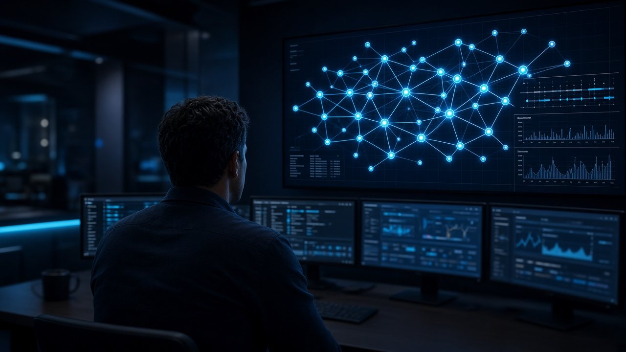 Blockchain forensics analyst studying a highlighted cross-chain transaction path on large operations-room displays.