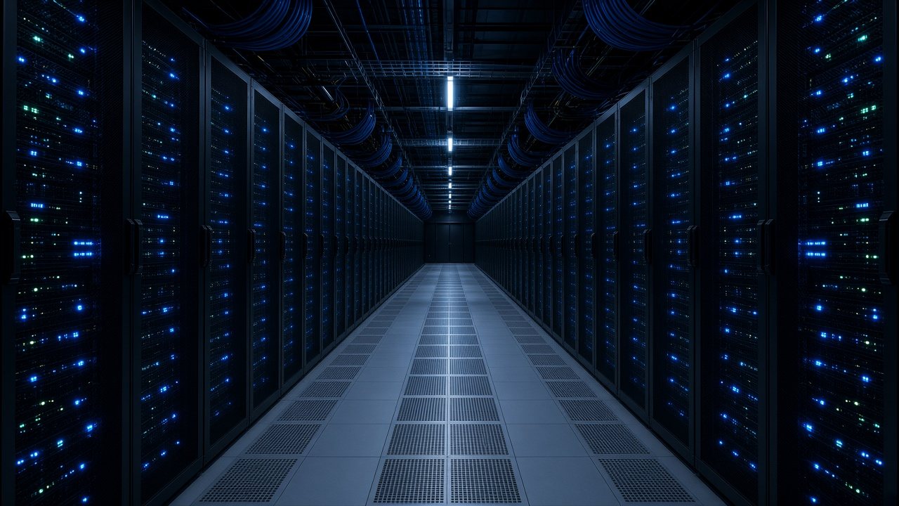Data center aisle of server racks with blue status lighting, the infrastructure behind the BNG Atlas temporal graph engine.