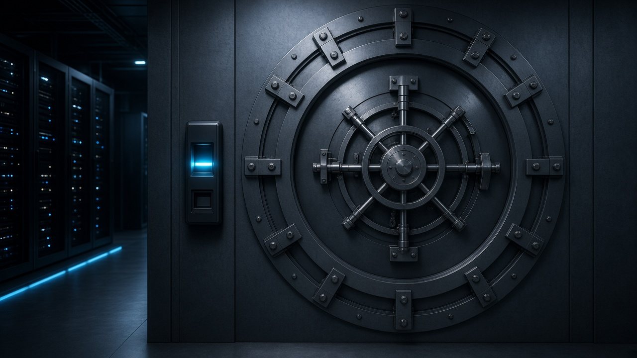 Steel vault door with a biometric access panel in a secure data facility, representing the BNG Citadel evidence vault.