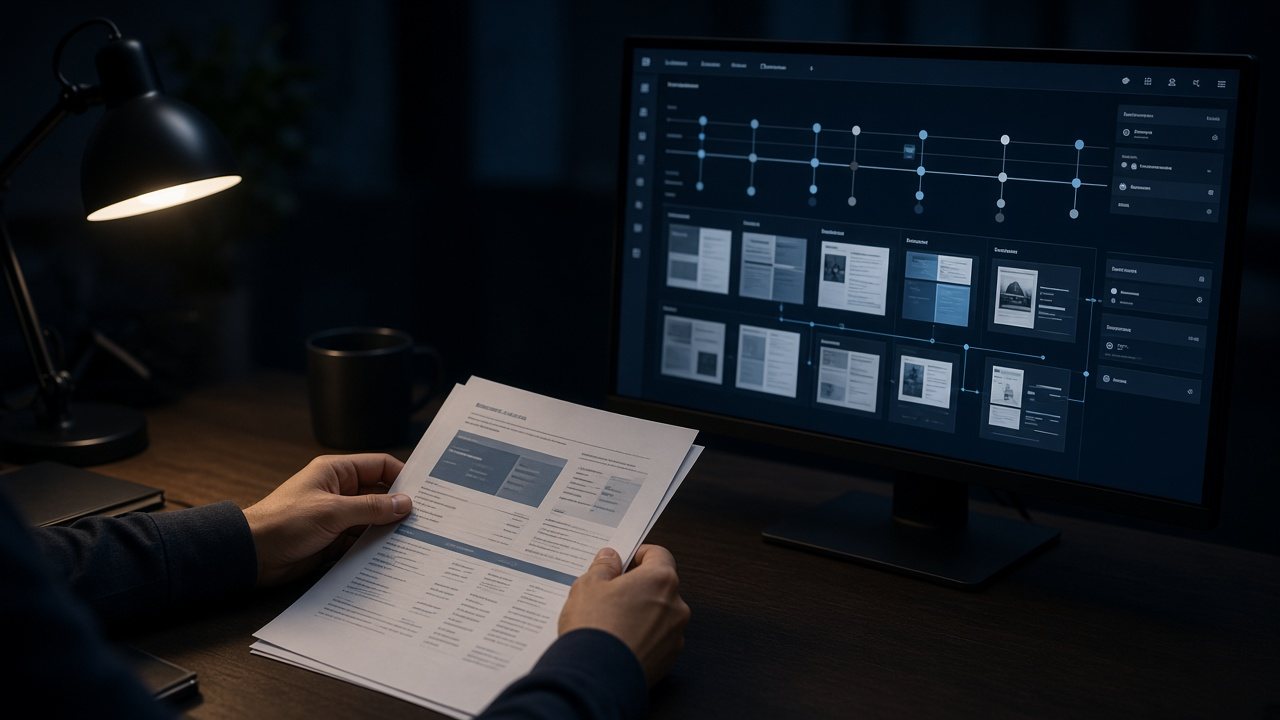 Analyst reviewing a printed report beside a monitor showing an evidence timeline dashboard, the output of the BNG Folio reporting suite.