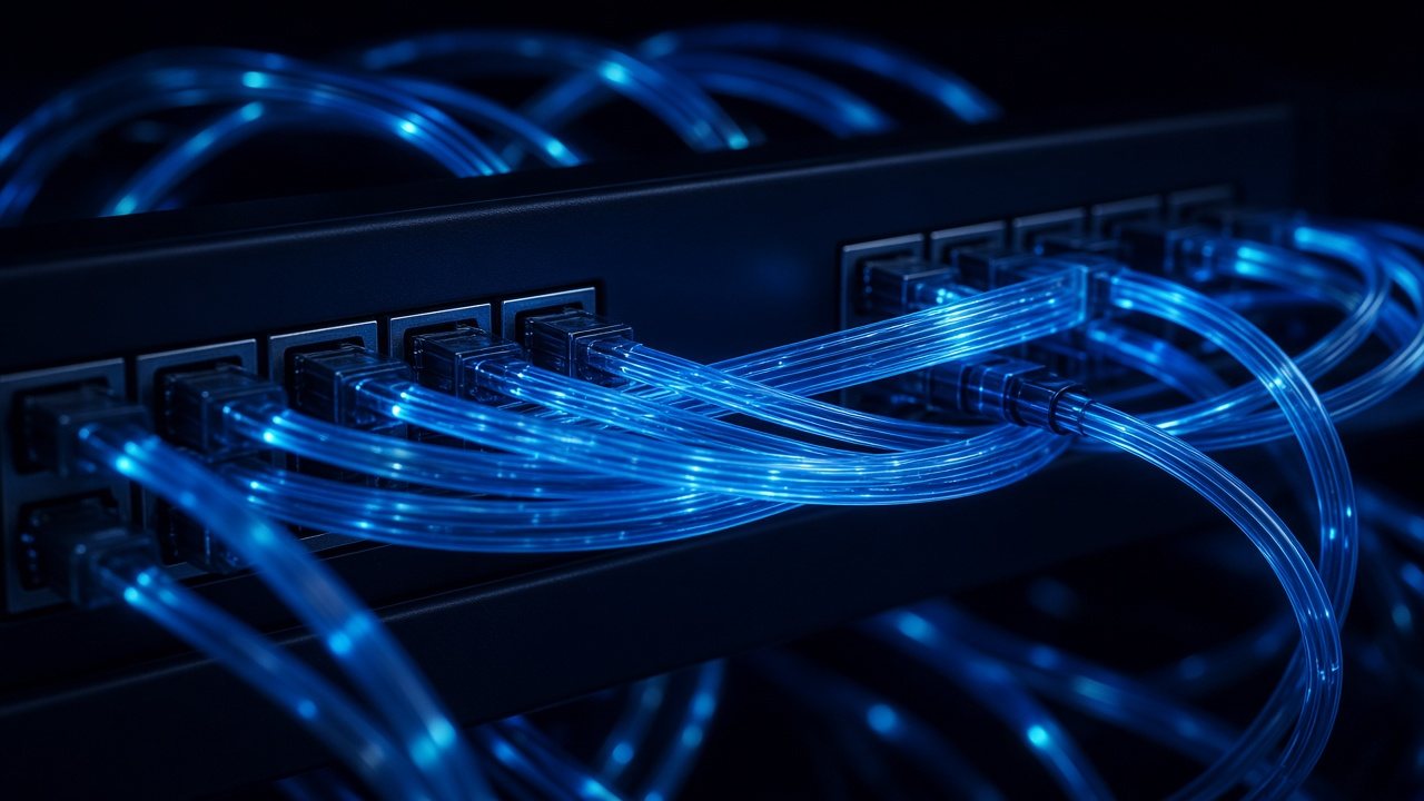 Fiber optic patch cords bridging groups of network ports, lit in cyan and blue, behind the BNG Helix cross-chain correlation engine.