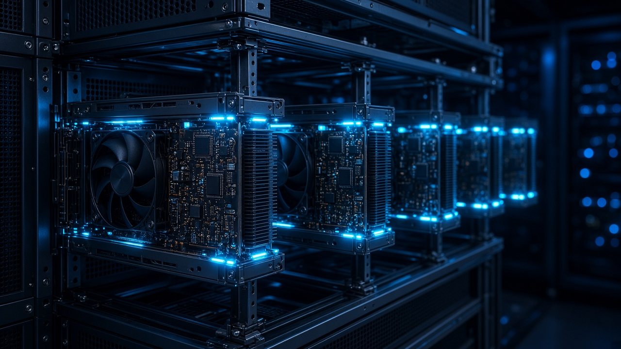GPU compute servers with glowing status lights in an open rack chassis, powering the BNG Sentinel AI ranking model.