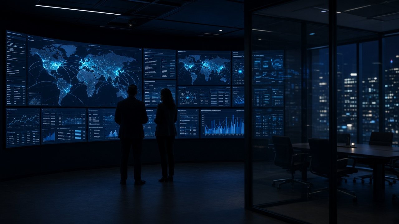 Corporate operations center at night with professionals monitoring a wall of transaction-risk dashboards.
