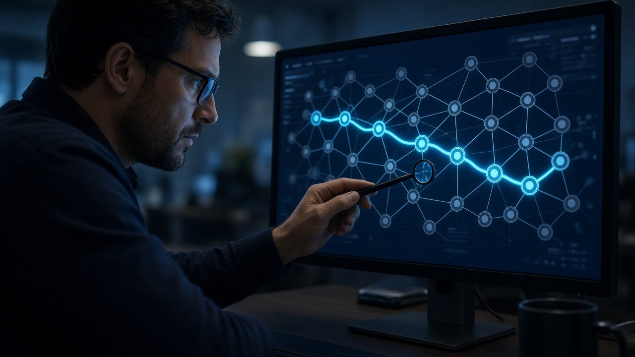 Forensics analyst leaning toward a monitor showing a cryptocurrency transaction graph with one highlighted fund-flow path.