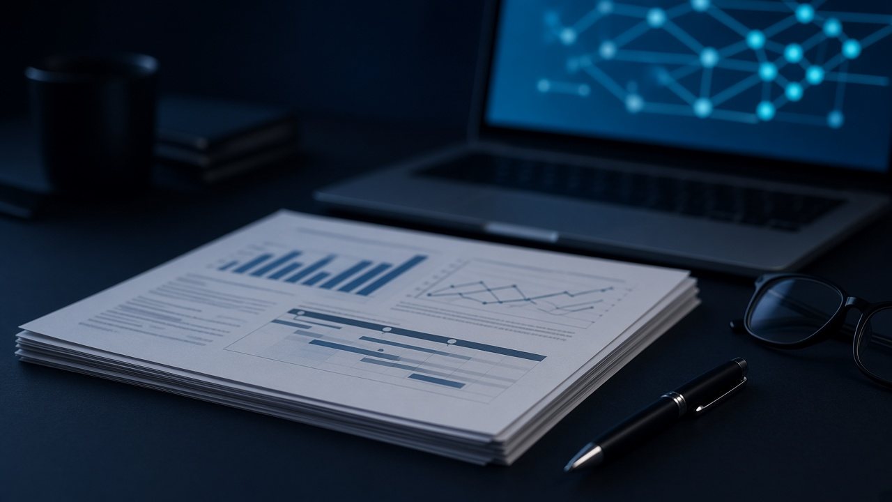 Printed technical investigation report with charts on a dark desk beside a laptop showing a fund-flow diagram.