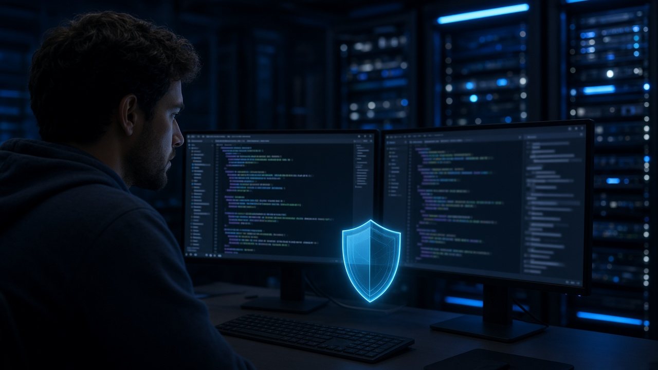 Software engineer reviewing smart-contract code on dual monitors inside a dim server room.